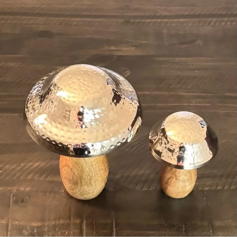 Home Decor Hammered Metal Mushroom Sculptures with Wood Base Set of 2